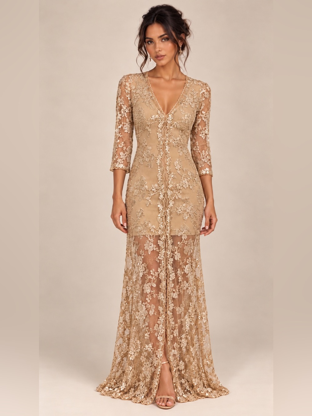 Sisters of Nature Sequin Floral Embroidered Nude Maxi Dress S -USA Made